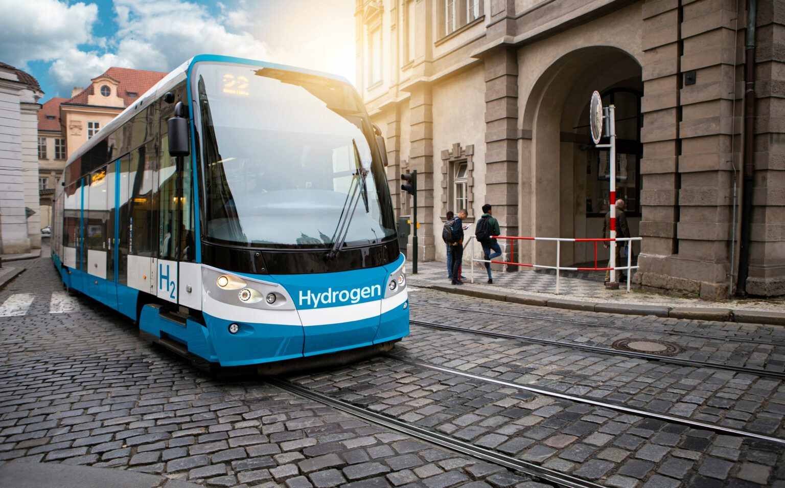 A hydrogen fuel cell tram on a city street